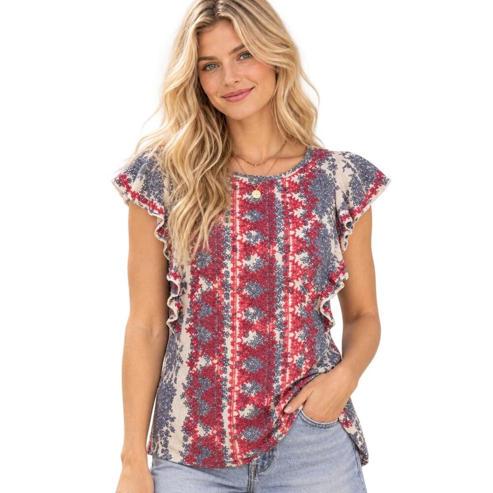 THML Embroidered Gauze Top Womens Medium Blue Pink Flutter Sleeve Ruffled Boho